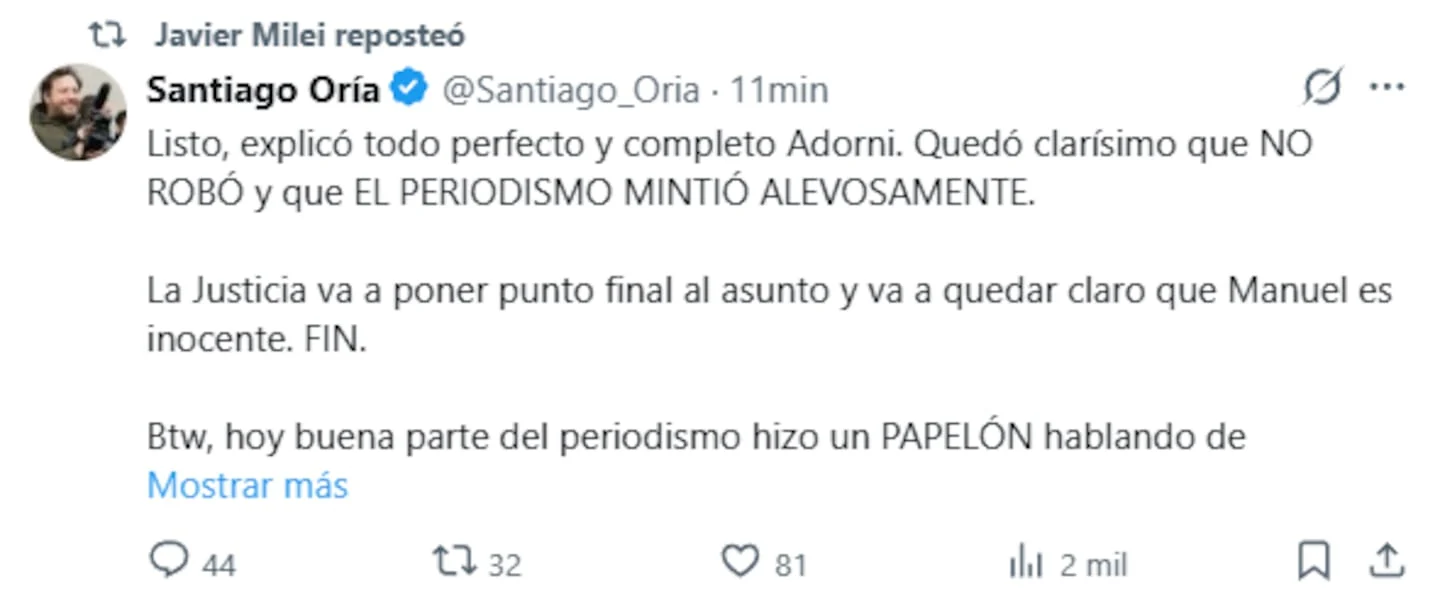 Tweet de Javier Milei defendiendo a Manuel Adorni en medio de un escándalo patrimonial