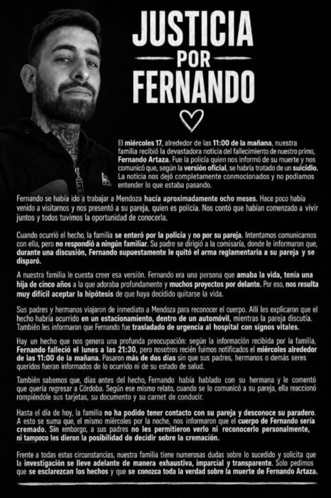 Cartel de justicia por Fernando Artaza con su imagen y mensaje sobre su muerte