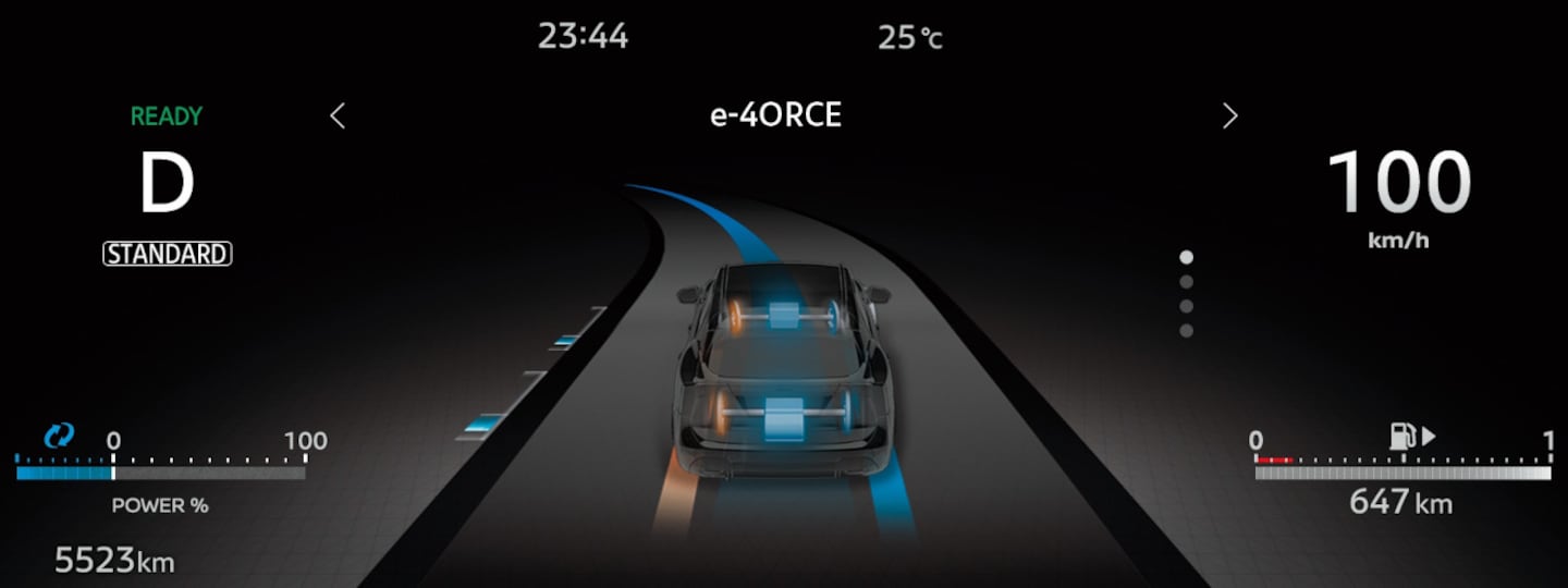 Pantalla del tablero del Nissan Kicks híbrido mostrando información de conducción