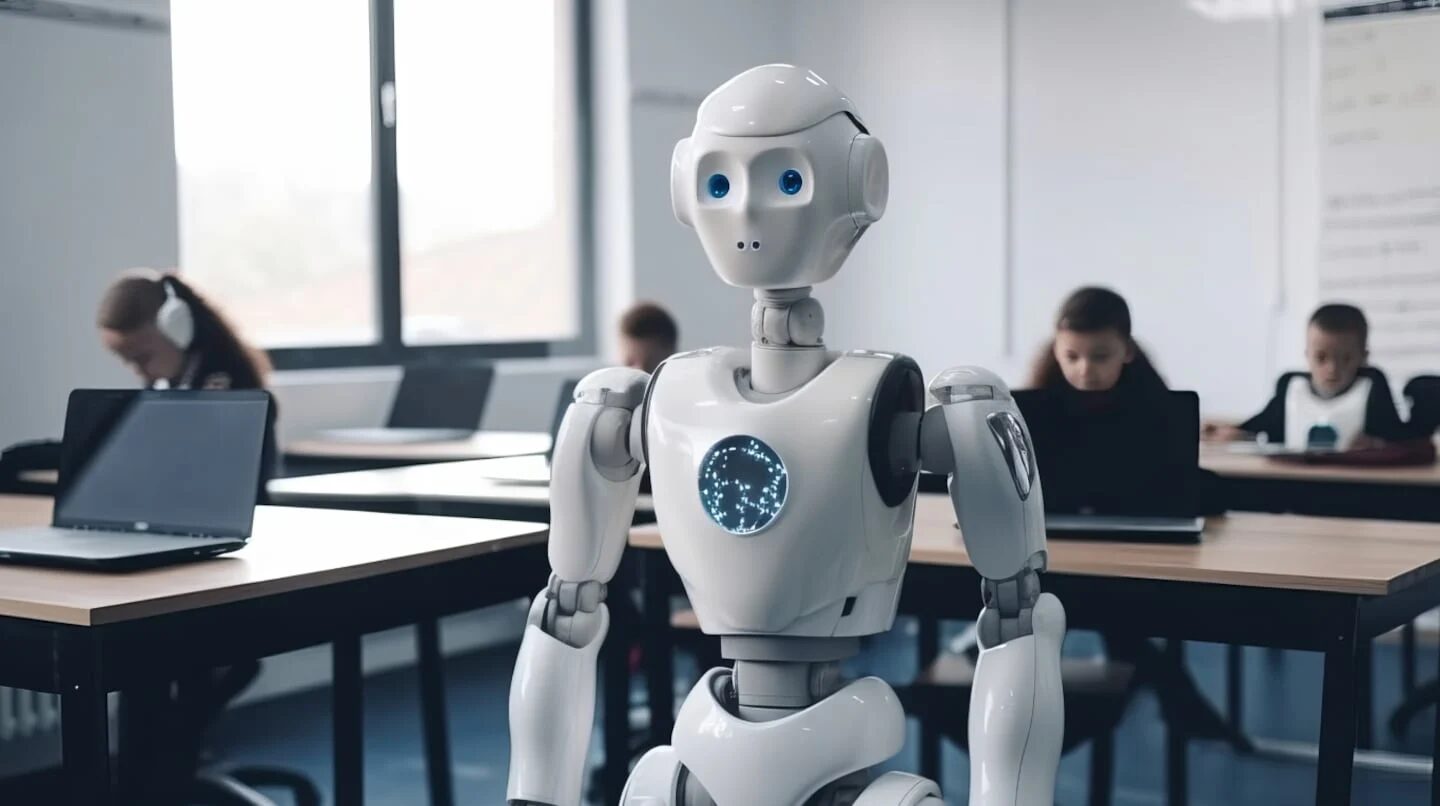 Robot educativo en un aula con estudiantes usando computadoras portátiles