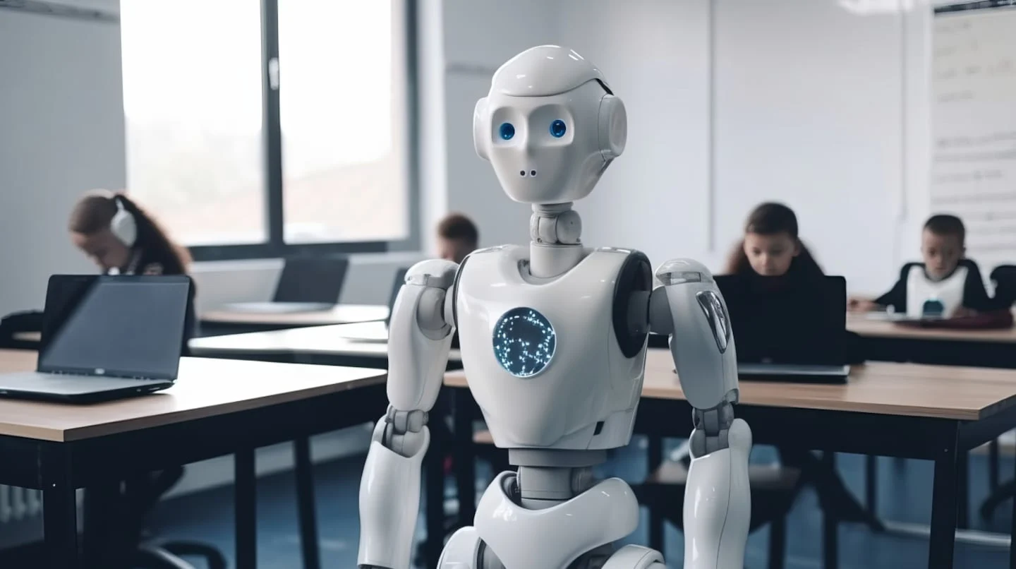Robot educativo en un aula con estudiantes usando computadoras portátiles