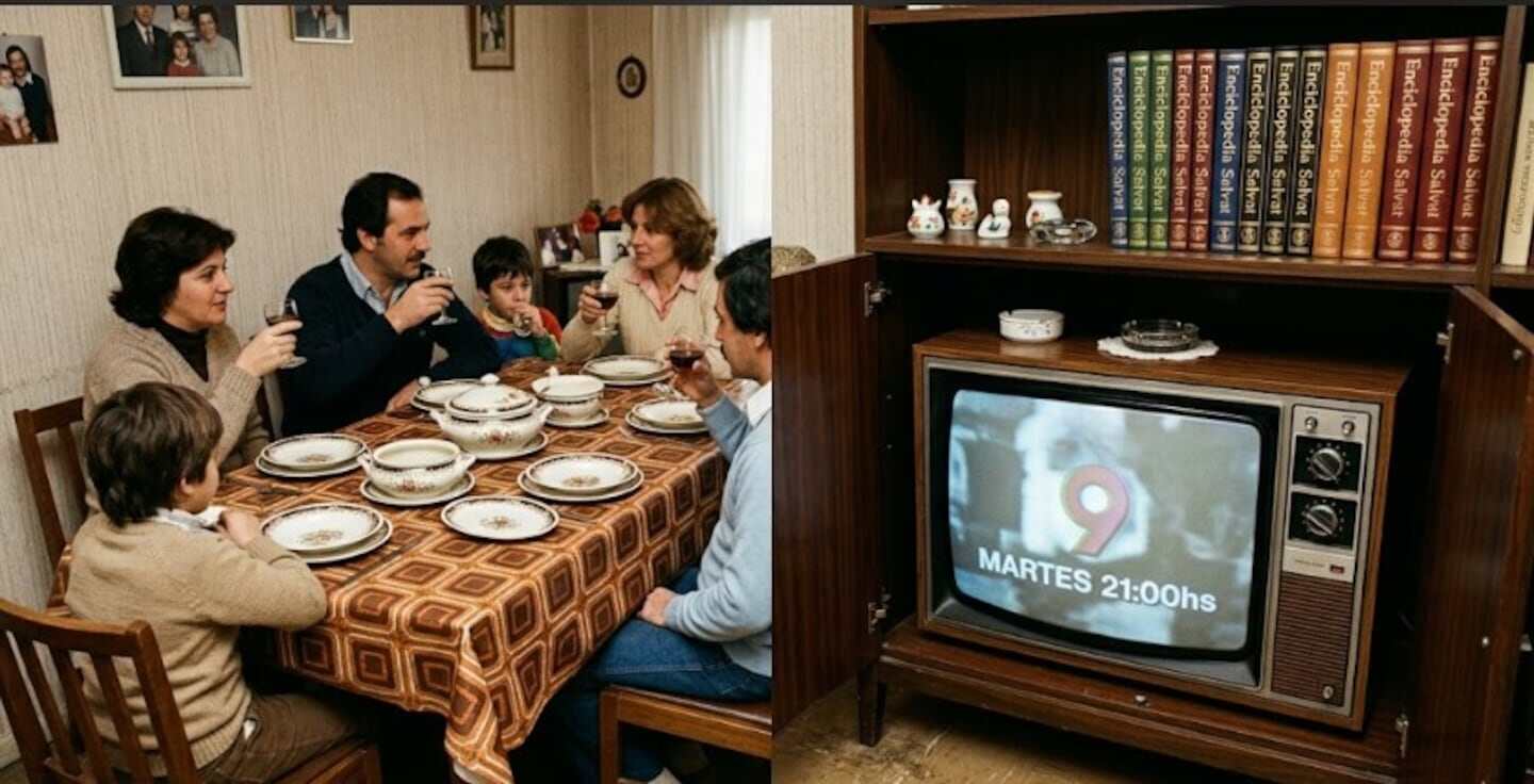 Familia argentina compartiendo una cena en la década de 1980 junto a un televisor antiguo
