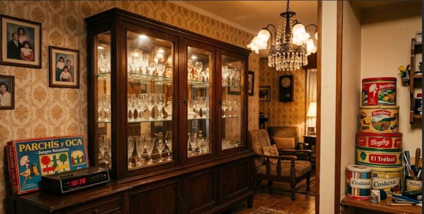 Mueble antiguo con cristales y objetos nostálgicos de los 70 y 80 en Argentina
