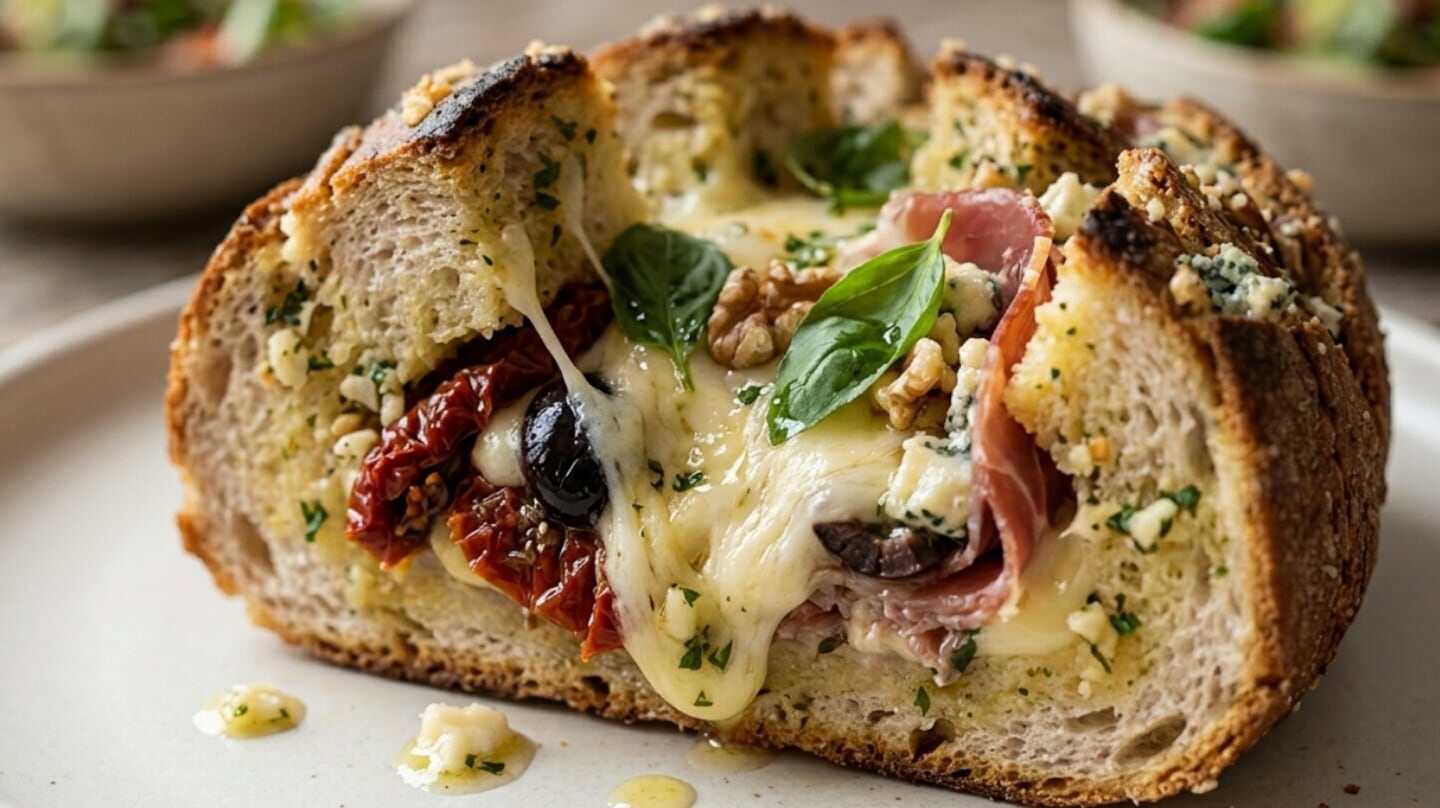 Pan de ajo relleno con queso, jamón y tomates secos en un plato
