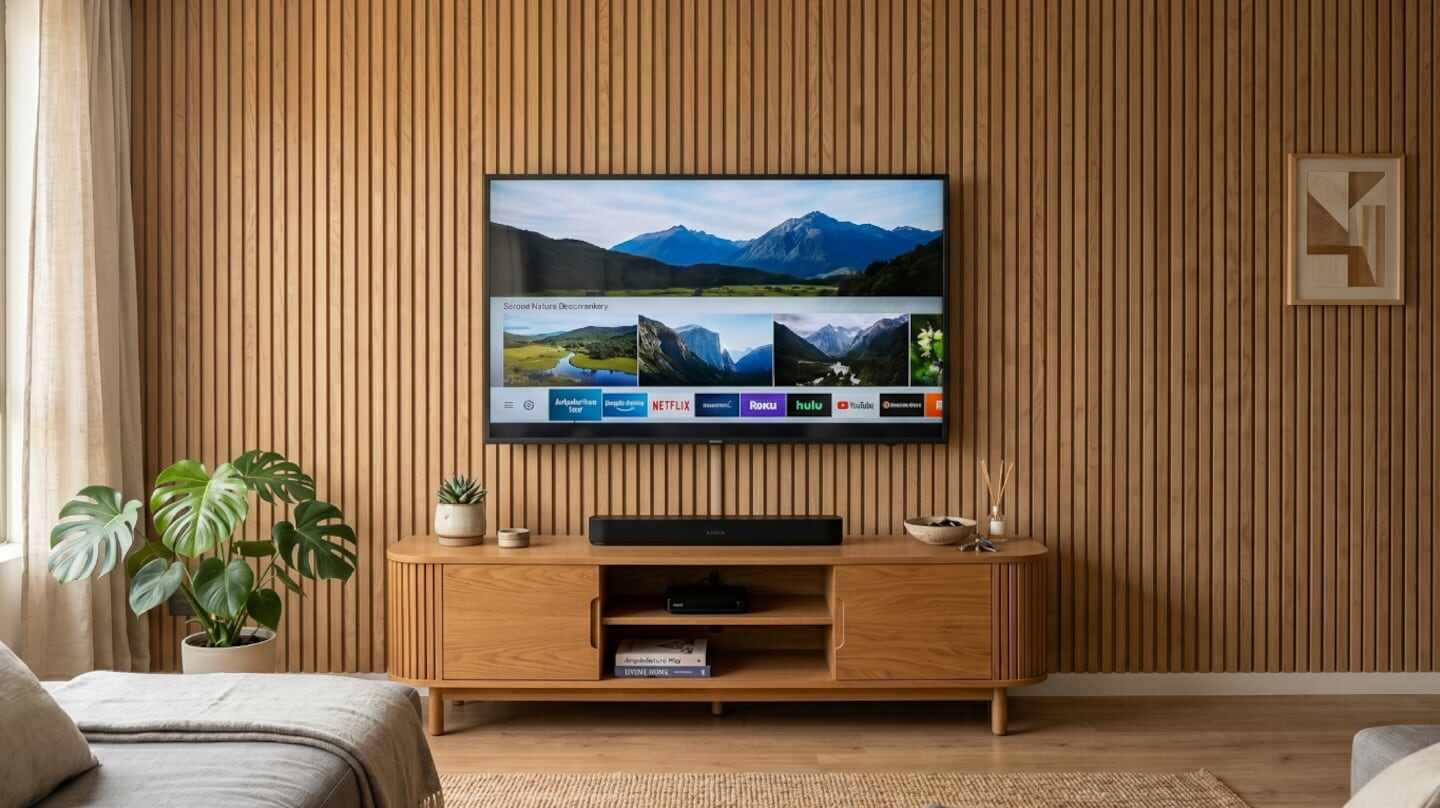 Sala de estar decorada con paneles autoadhesivos de madera y un televisor montado en la pared