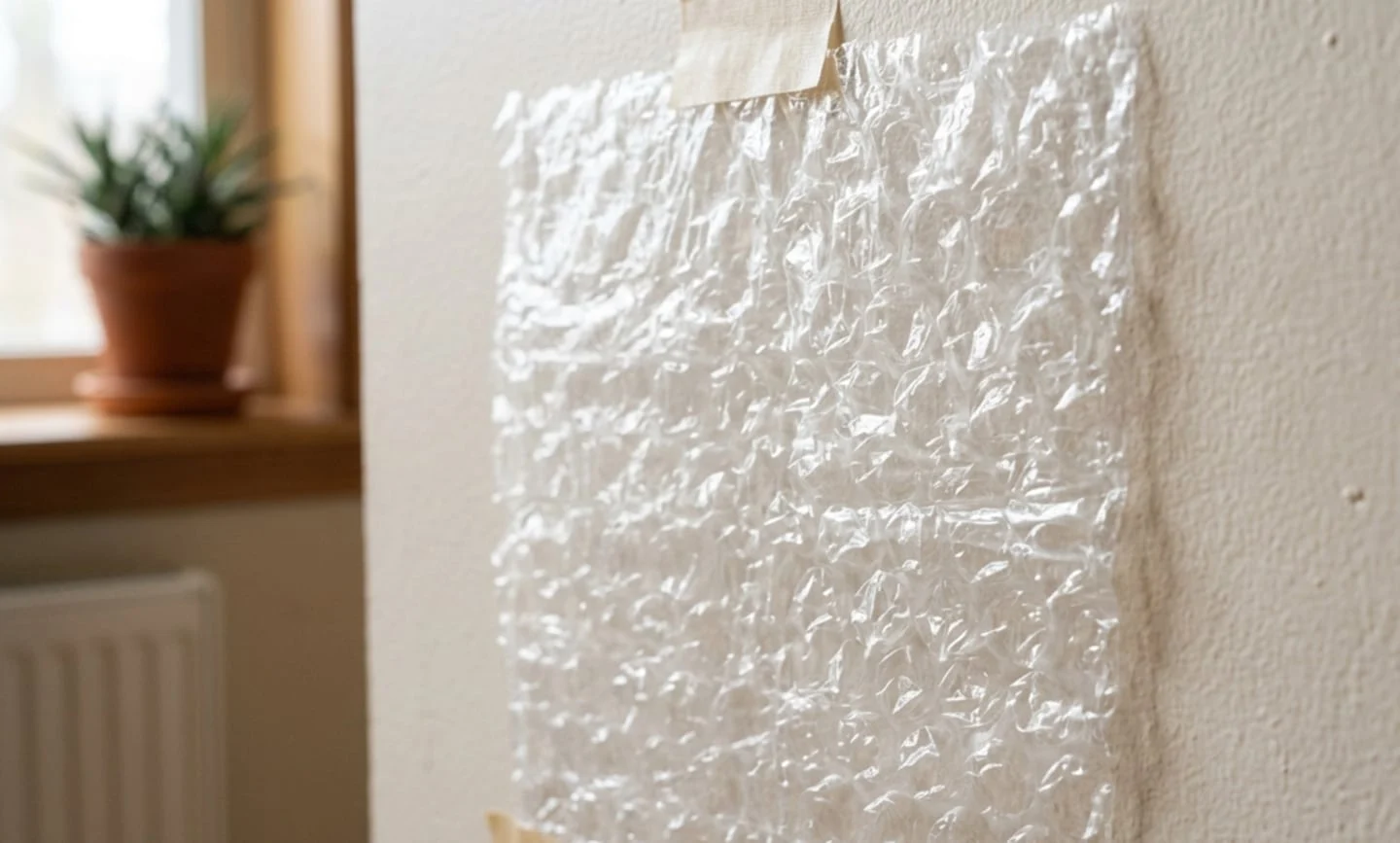 Papel burbuja adherido a una pared como aislamiento contra el frío