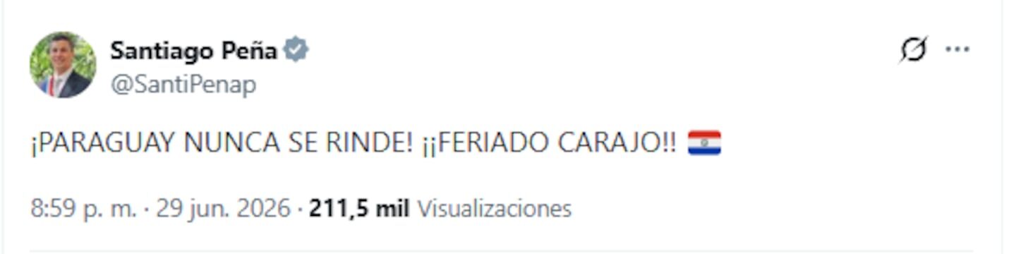Tweet de Santiago Peña celebrando la victoria de Paraguay sobre Alemania en el Mundial 2026
