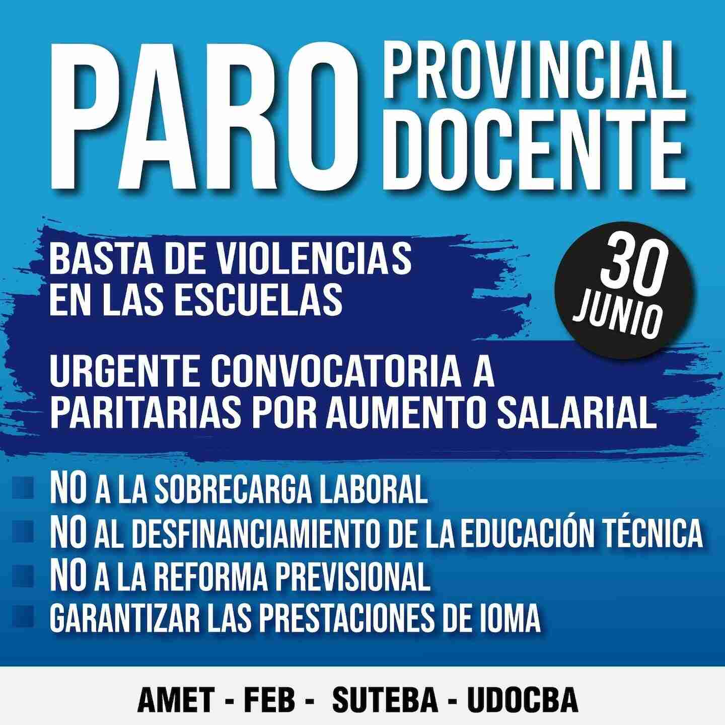 Cartel informativo sobre el paro docente en Buenos Aires con demandas de paritarias urgentes