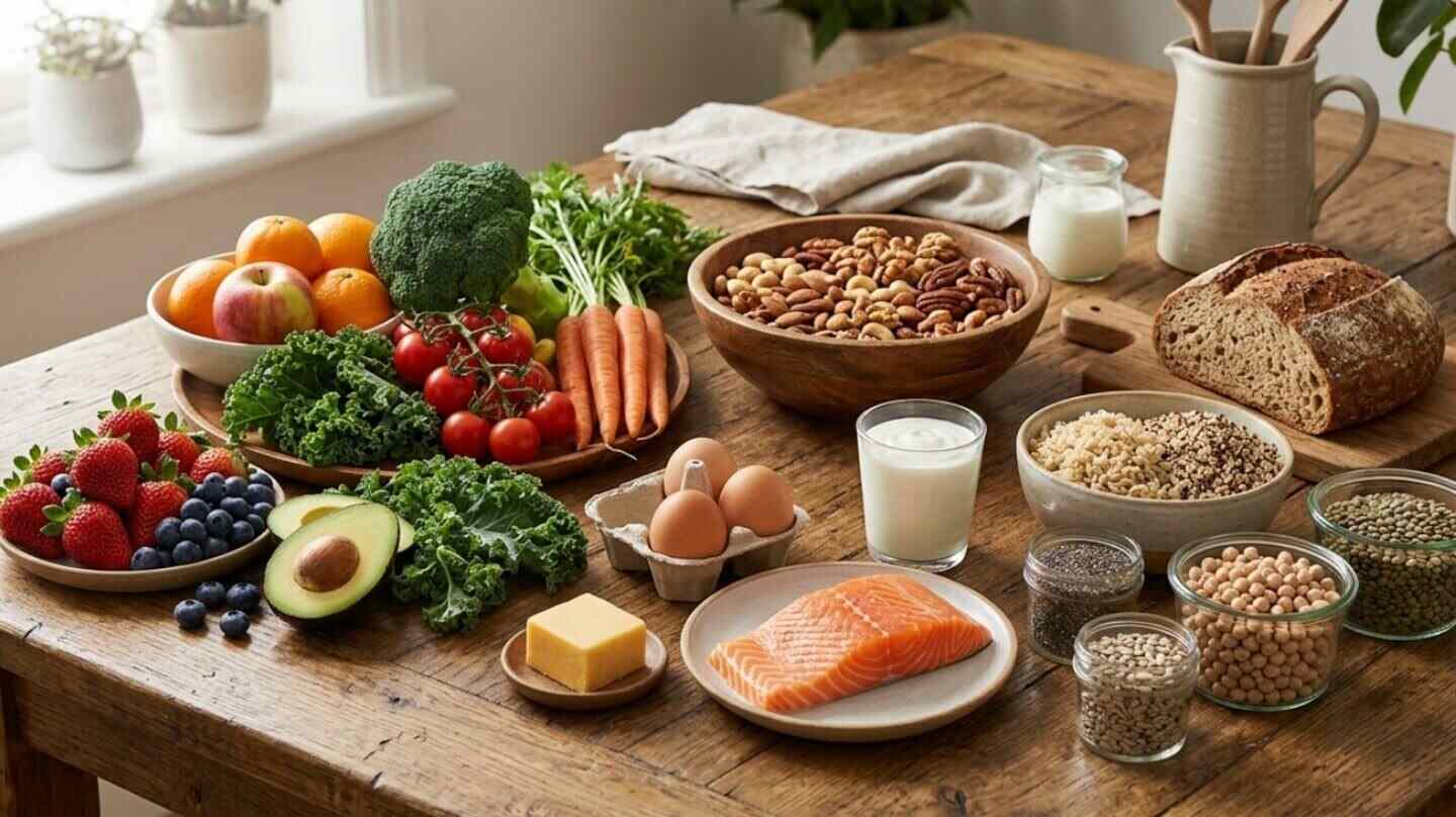 Mesa con ingredientes frescos para una receta saludable, incluyendo frutas, verduras, nueces y pescado