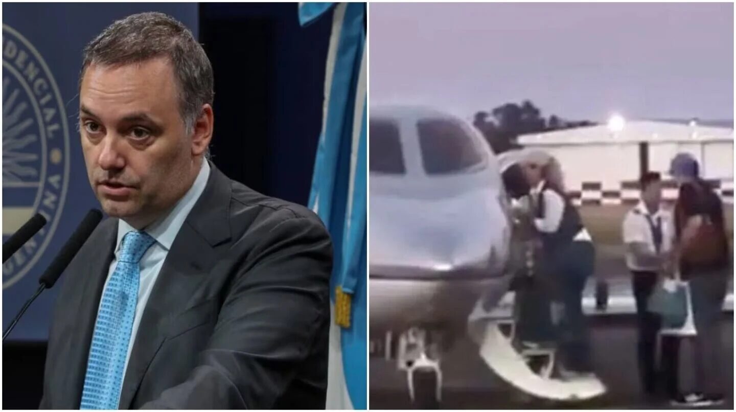 Manuel Adorni durante una conferencia de prensa y un grupo de personas abordando un avión privado