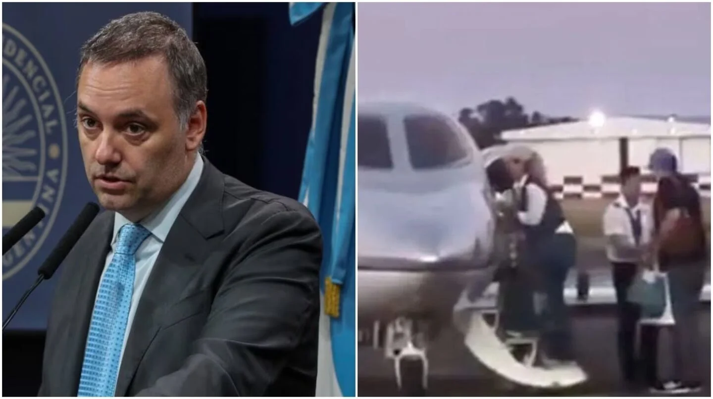 Manuel Adorni durante una conferencia de prensa y un grupo de personas abordando un avión privado
