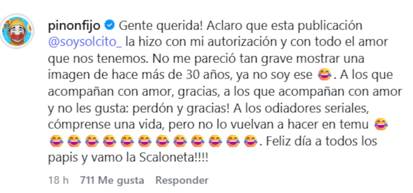 Comentario de Piñón Fijo en redes sociales defendiendo su imagen sin maquillaje