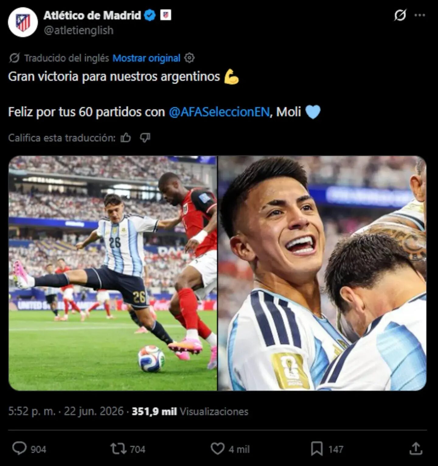 Julián Álvarez celebrando con sus compañeros tras una victoria con la selección argentina