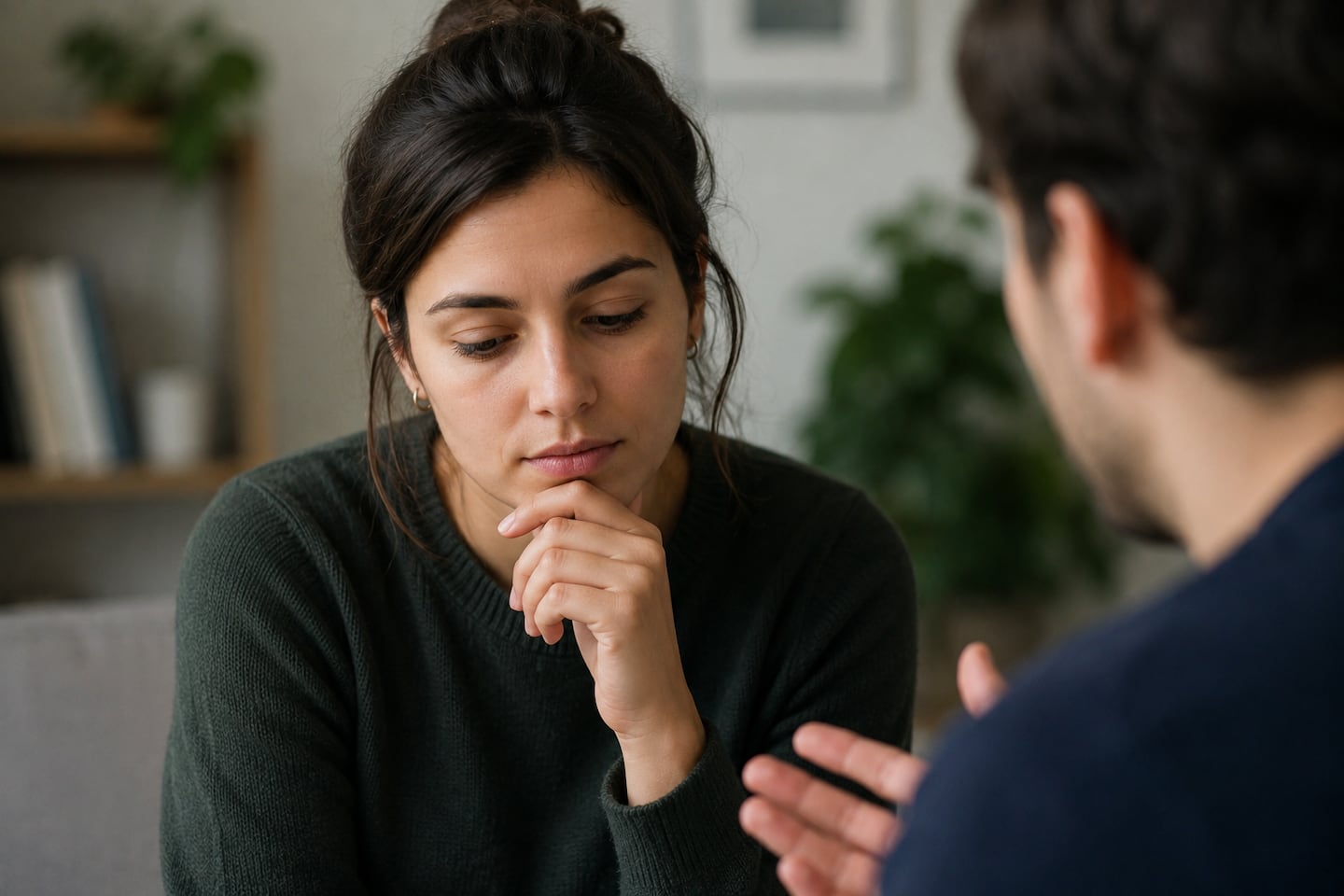 Mujer pensativa evitando el contacto visual durante una conversación