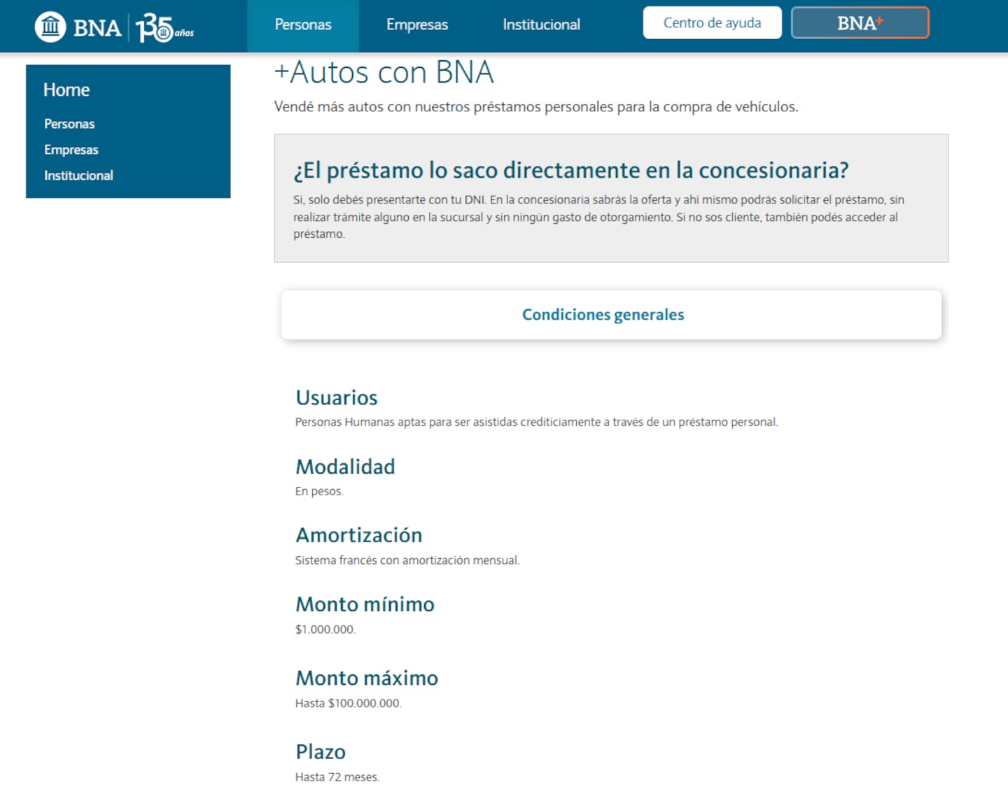 Página de información sobre préstamos para autos del Banco Nación en Argentina