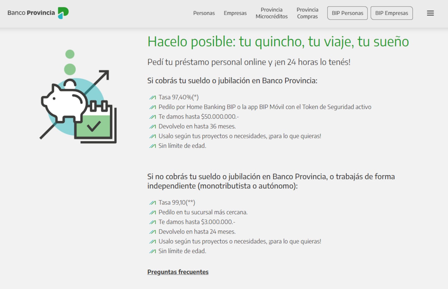 Página web de Banco Provincia con información sobre préstamos personales y financiamiento para proyectos