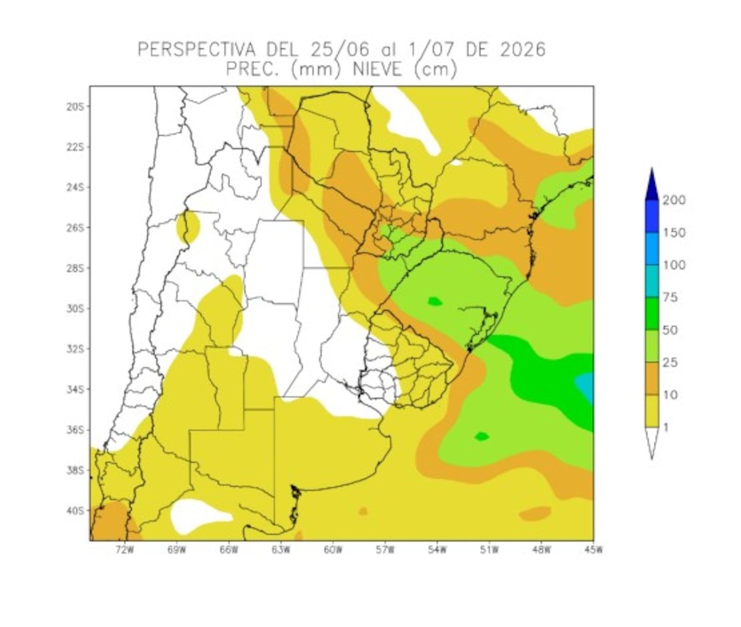 Mapa de precipitaciones pronosticadas para el nordeste agrícola de Argentina del 25 de junio al 1 de julio de 2026