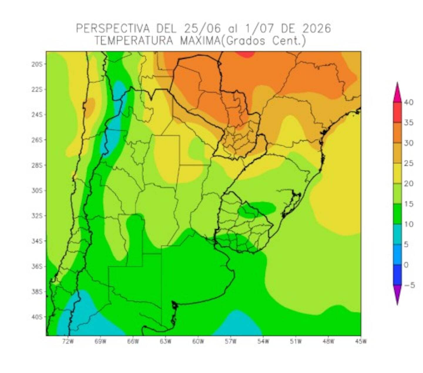 Mapa de pronóstico de temperaturas máximas en el nordeste agrícola de Argentina del 25 de junio al 1 de julio de 2026