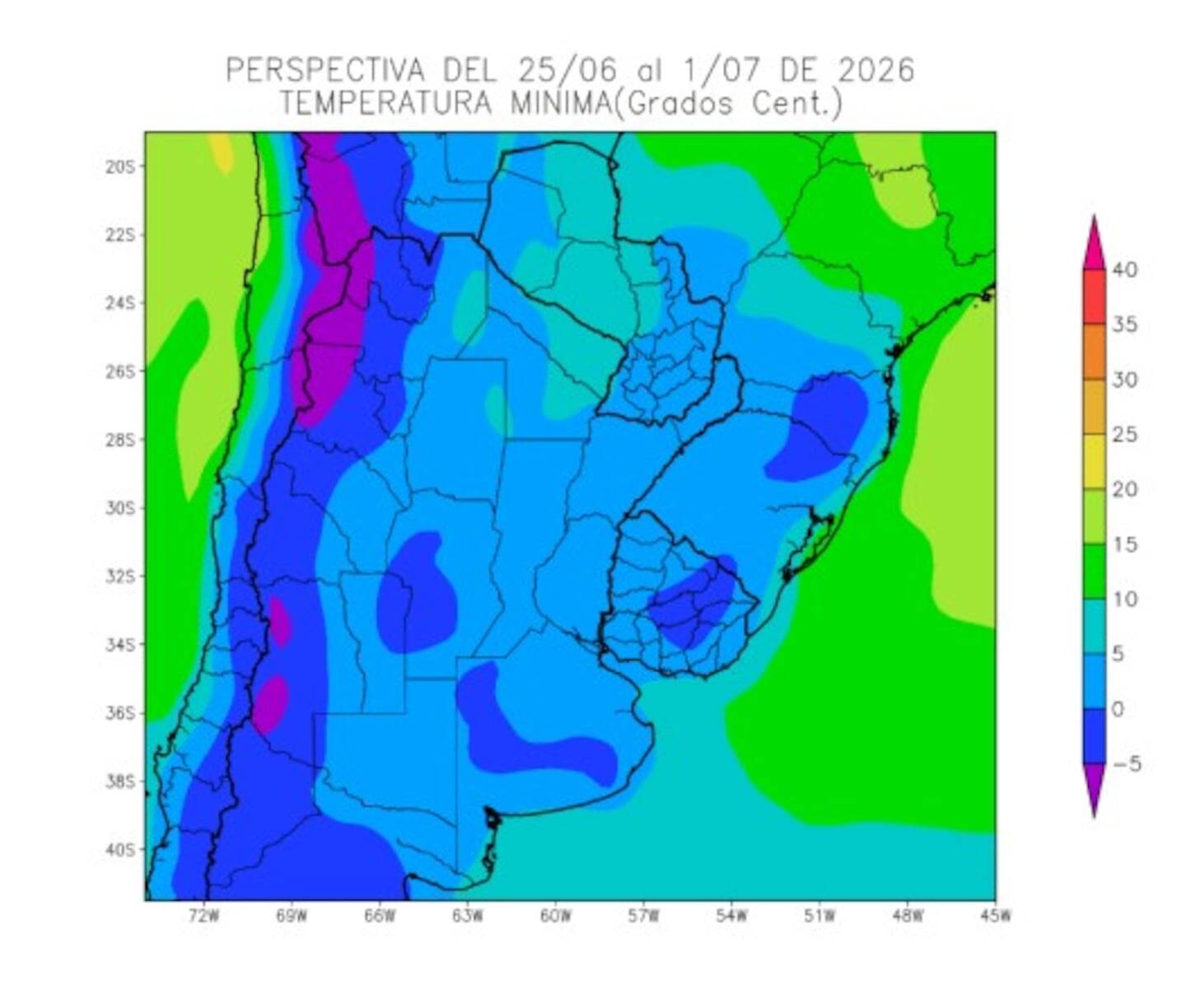 Mapa de temperaturas mínimas pronosticadas para el nordeste agrícola de Argentina del 25 de junio al 1 de julio de 2026