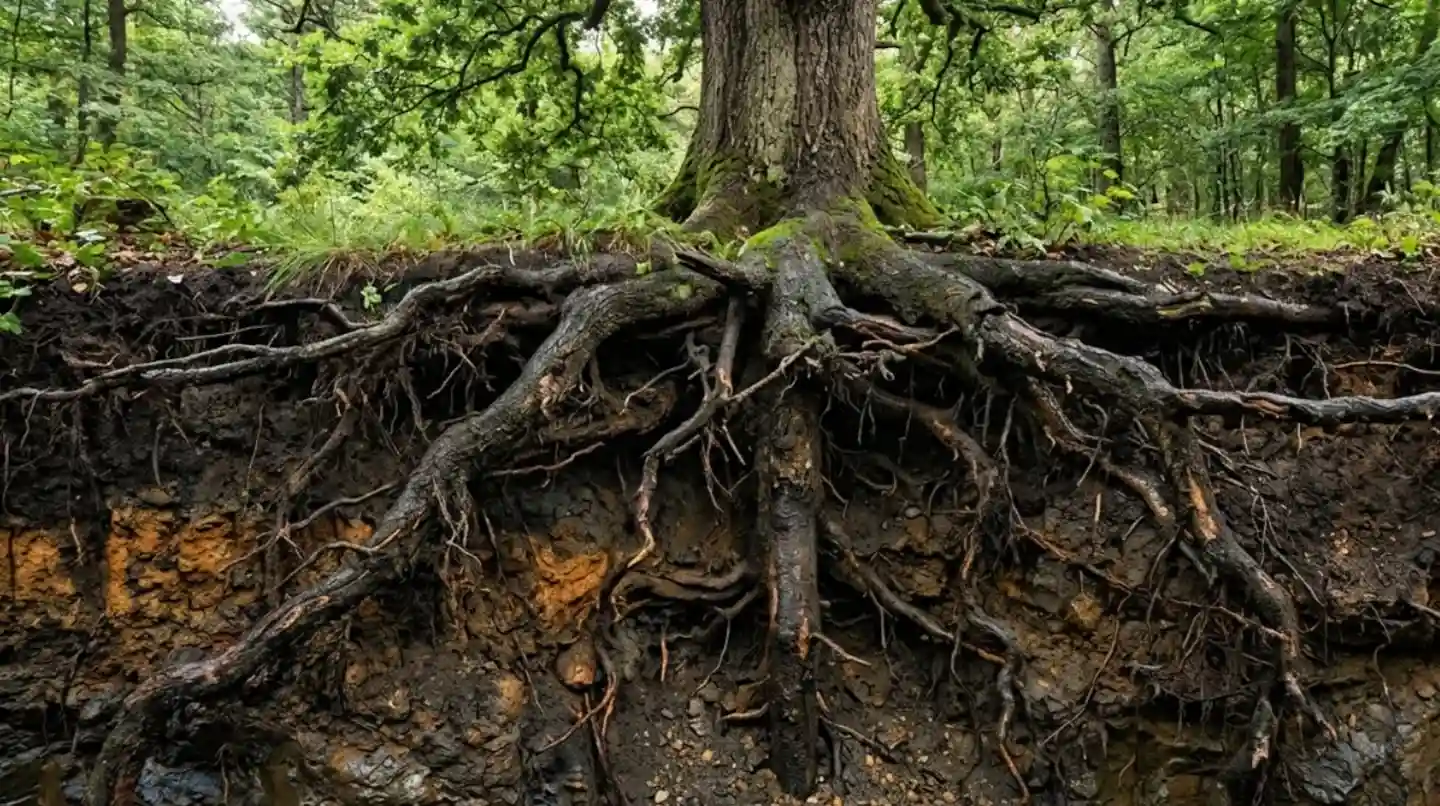 Raíces de un árbol expuestas en el suelo, simbolizando la fortaleza interior