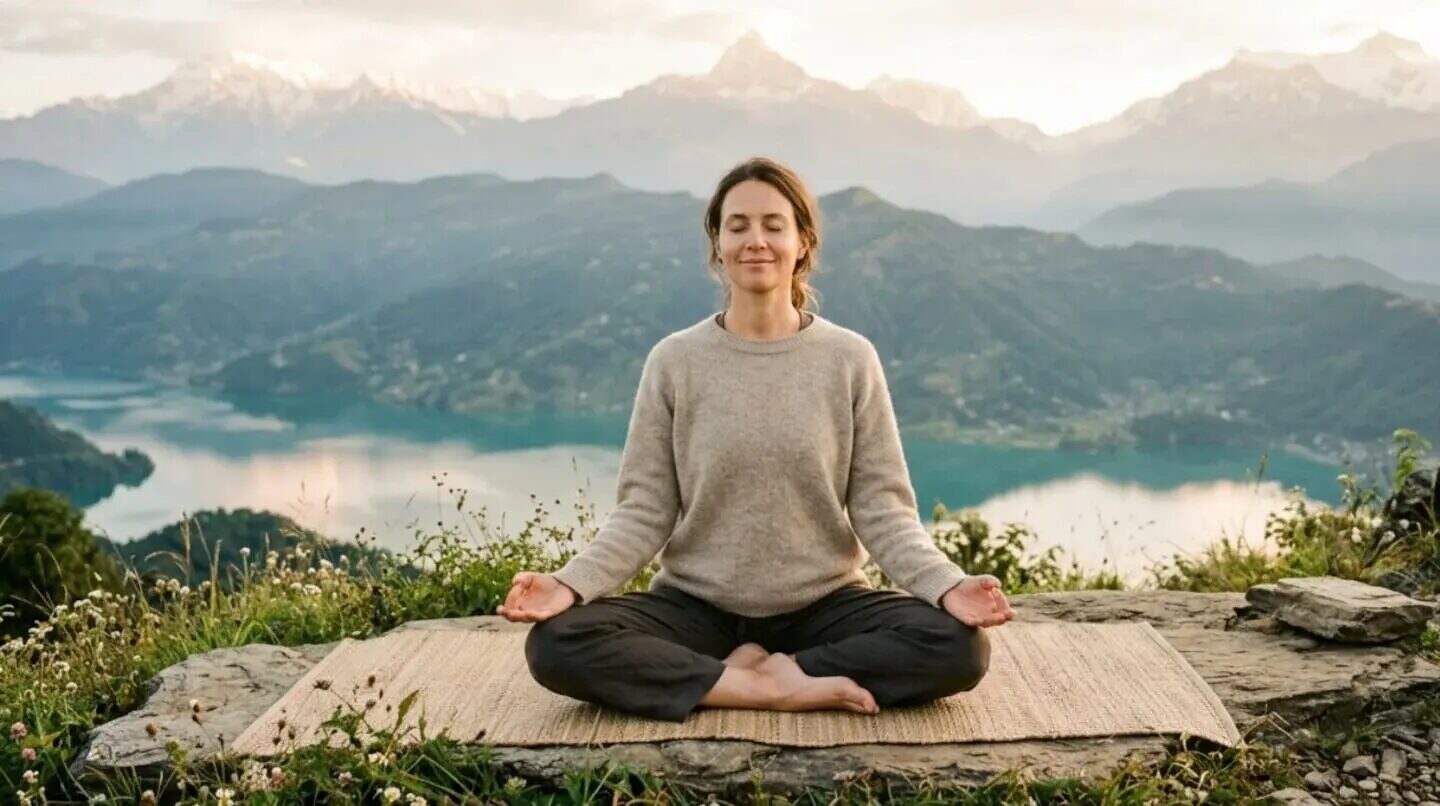 Mujer meditando en un paisaje montañoso sereno