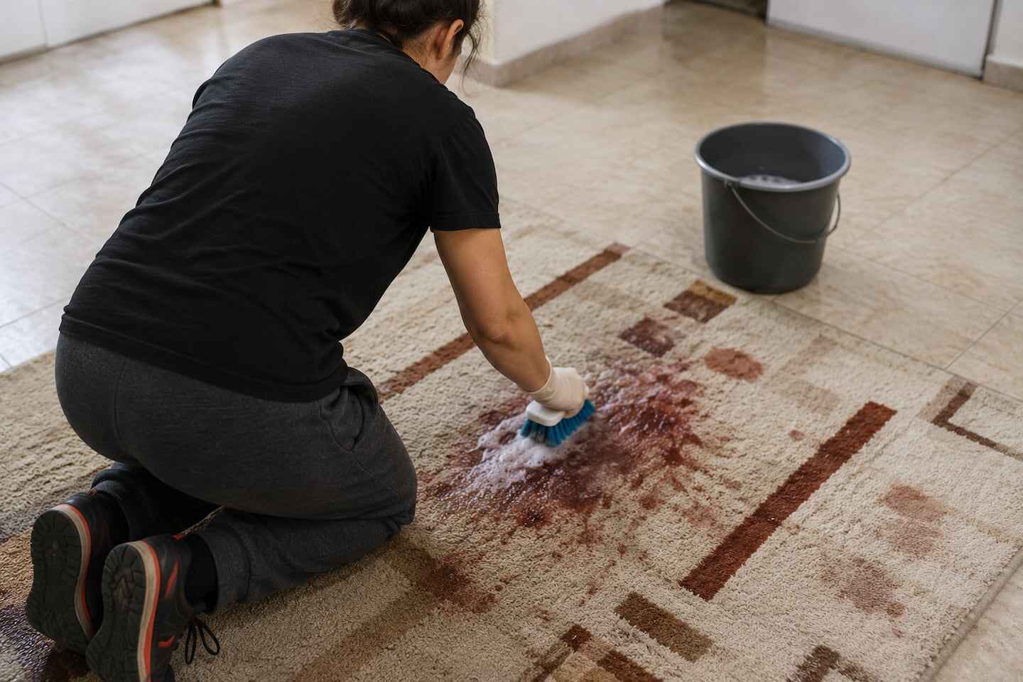 Mujer limpiando una alfombra manchada en una casa