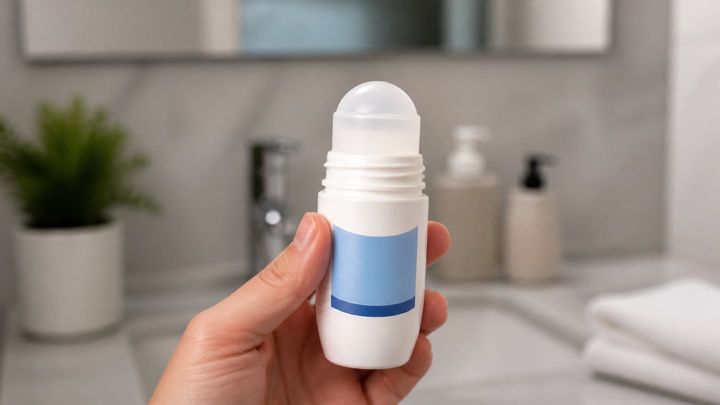 Desodorante roll-on en mano frente a un espejo en un baño
