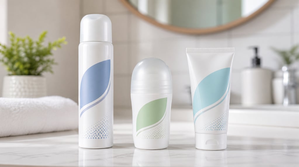 Diferentes tipos de desodorantes en aerosol, roll-on y crema