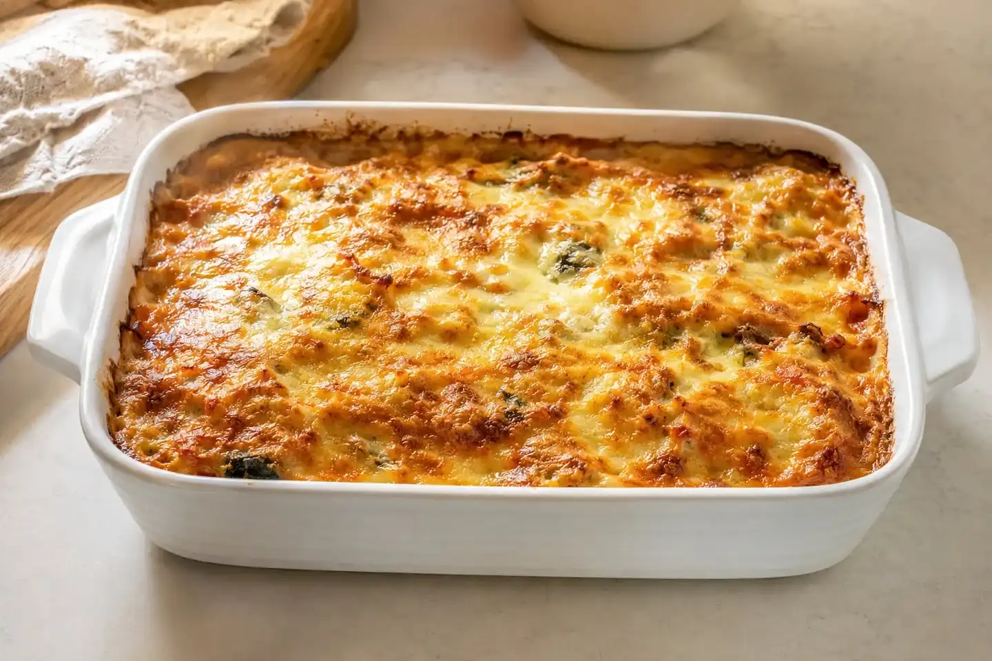 Fuente de horno de cerámica con un platillo gratinado dorado