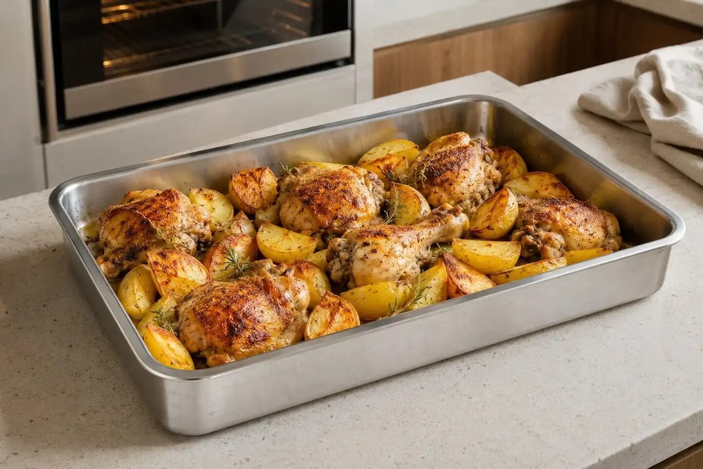 Fuente de metal con pollo y papas asadas en el horno