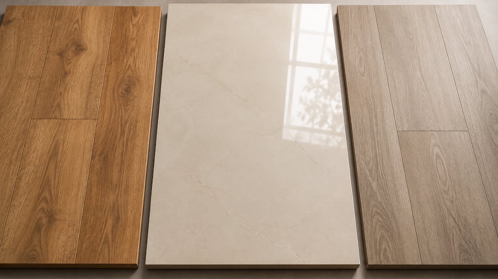 Comparativa de pisos de porcelanato, madera y vinílico