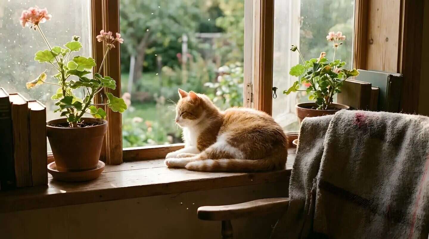 Gato atigrado descansando en una ventana con plantas