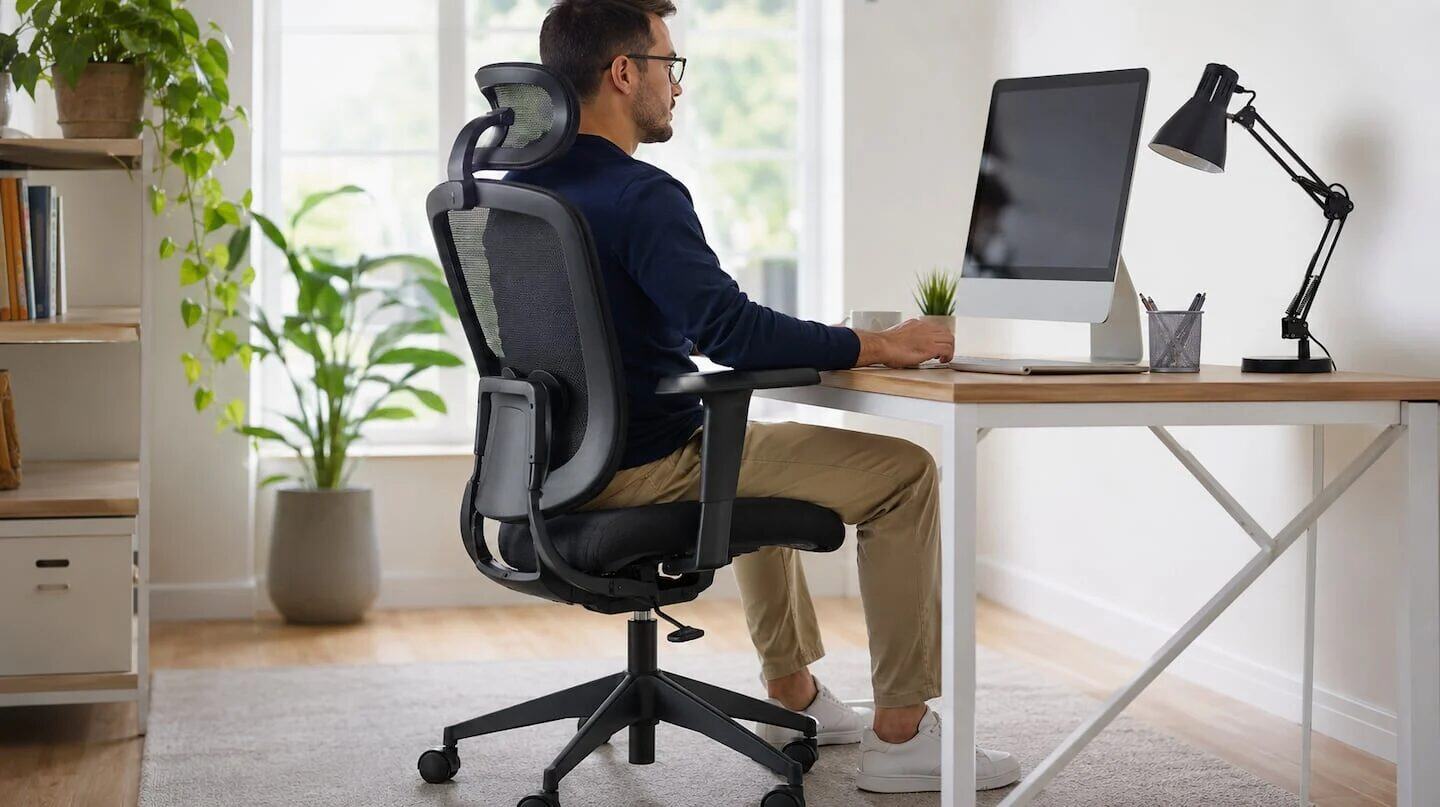 Hombre sentado en una silla ergonómica frente a un escritorio con computadora