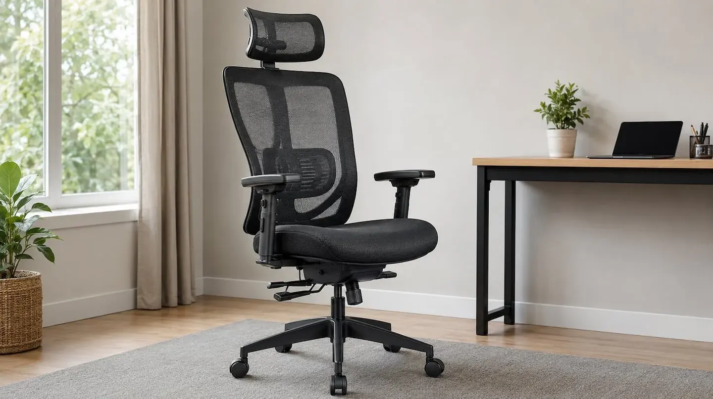 Silla ergonómica negra con soporte lumbar y reposacabezas en una oficina moderna