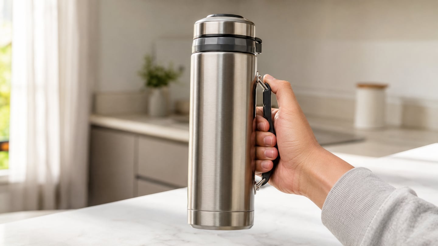 Persona sosteniendo un termo de acero inoxidable en una cocina moderna