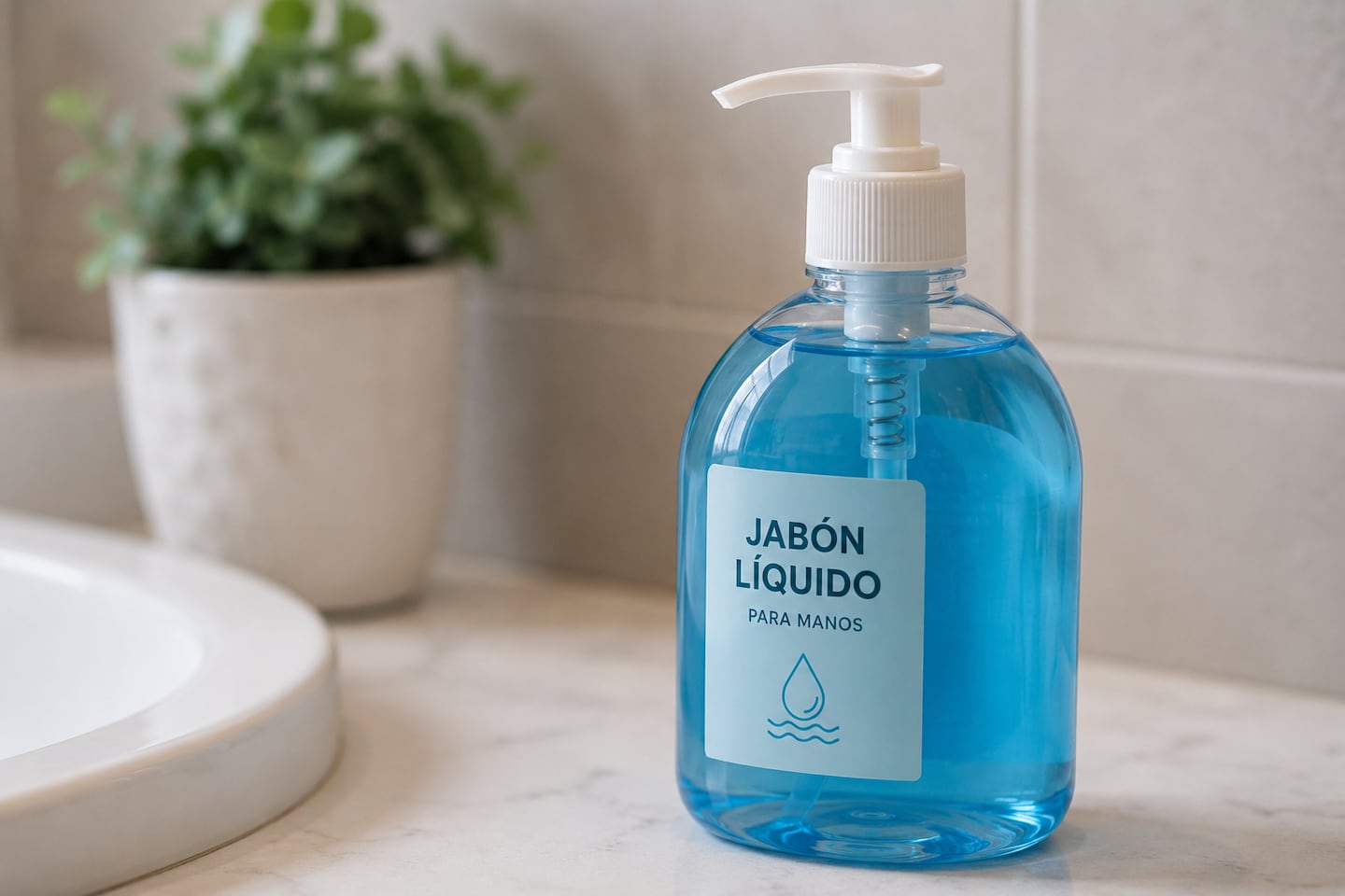 Botella de jabón líquido para manos en un lavabo