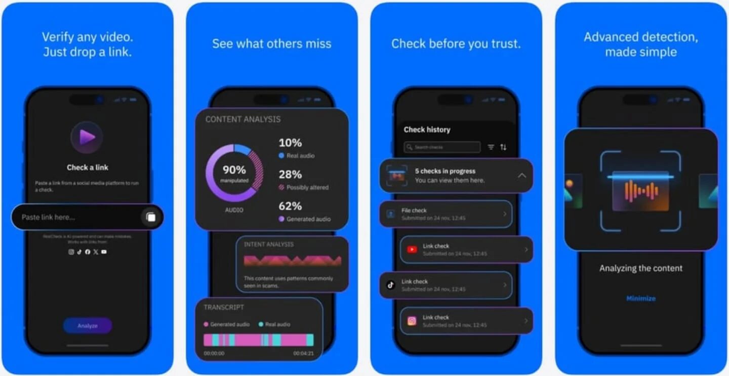 Interfaz de la aplicación RealCheck mostrando análisis de video y audio