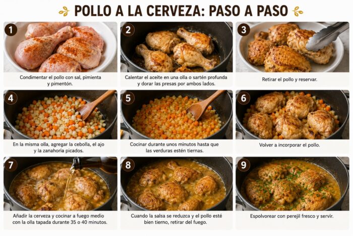Pasos para preparar pollo a la cerveza con ingredientes y utensilios