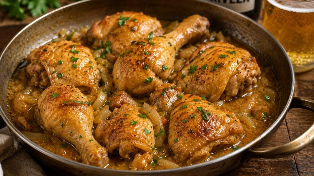 Plato de pollo a la cerveza con guarniciones
