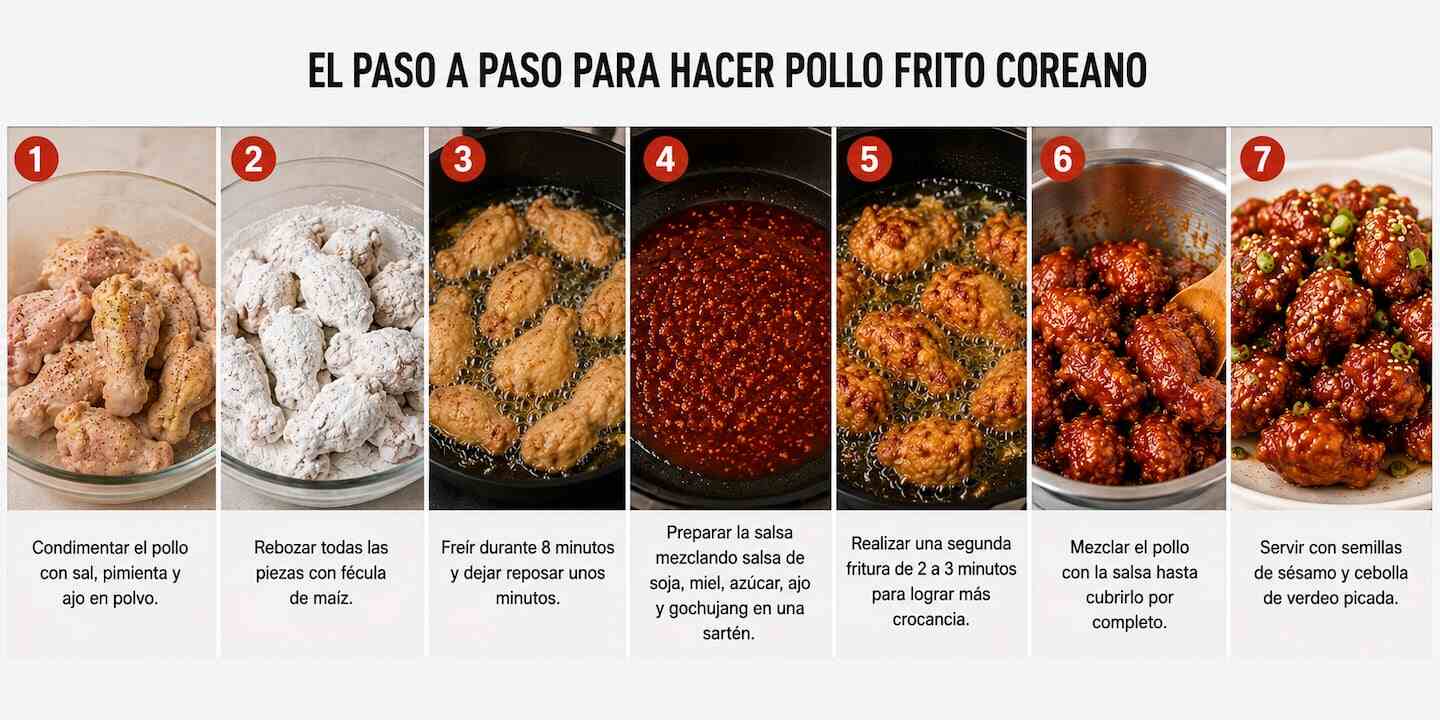 Pasos para preparar pollo frito coreano con ingredientes y salsas