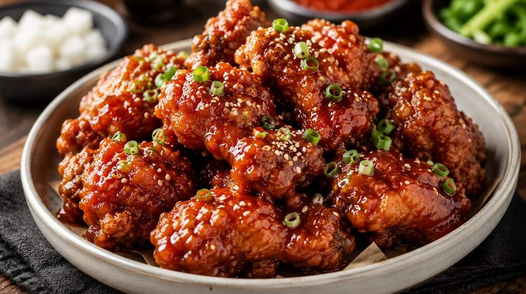 Plato de pollo frito coreano con salsa
