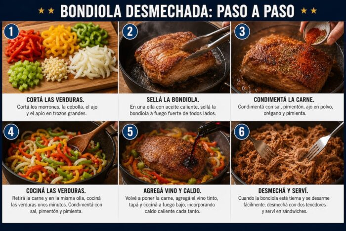 Proceso de preparación de bondiola desmechada paso a paso con ingredientes y utensilios