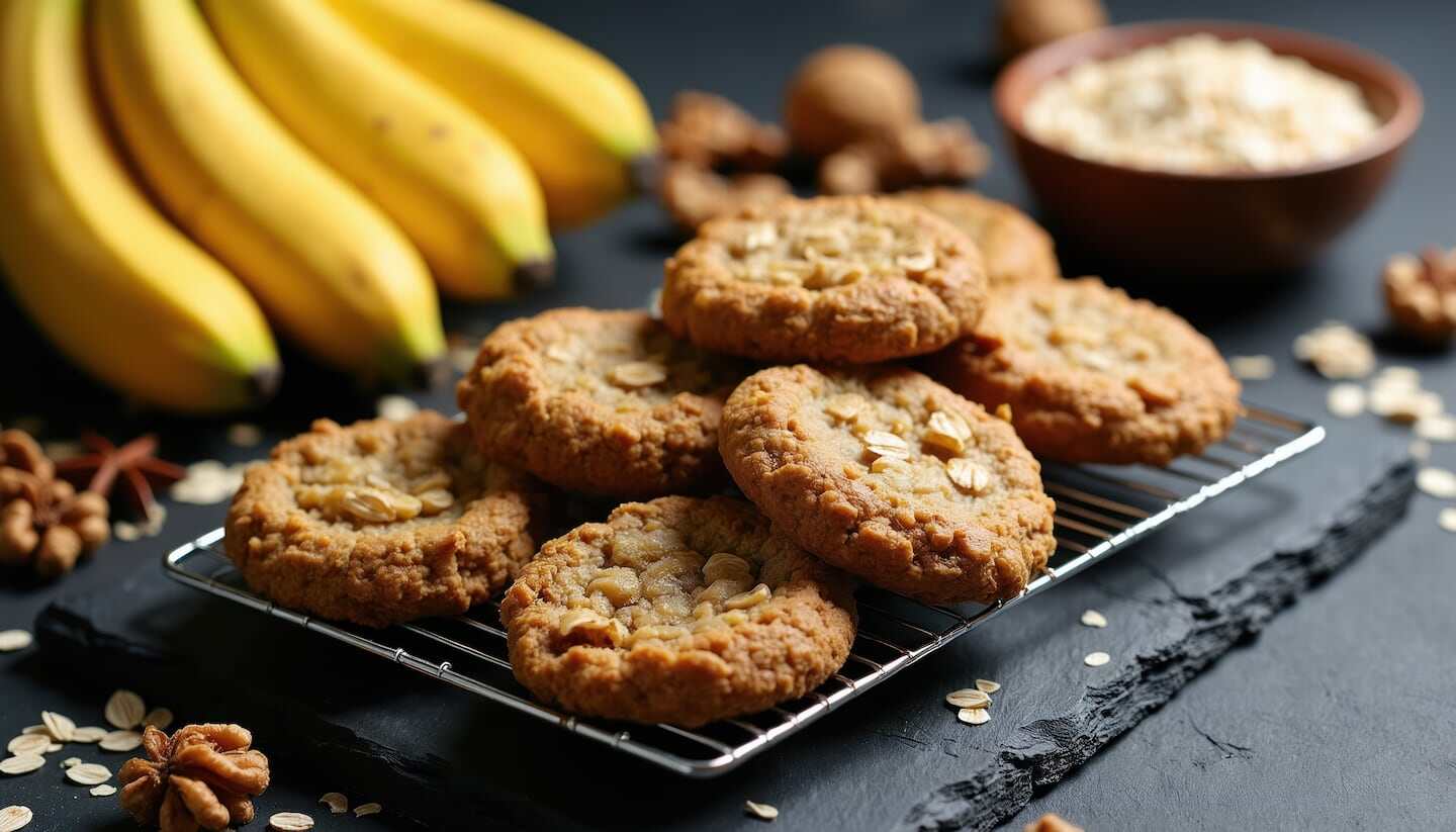 Galletitas de banana sin harina ni azúcar sobre una rejilla con plátanos y avena de fondo