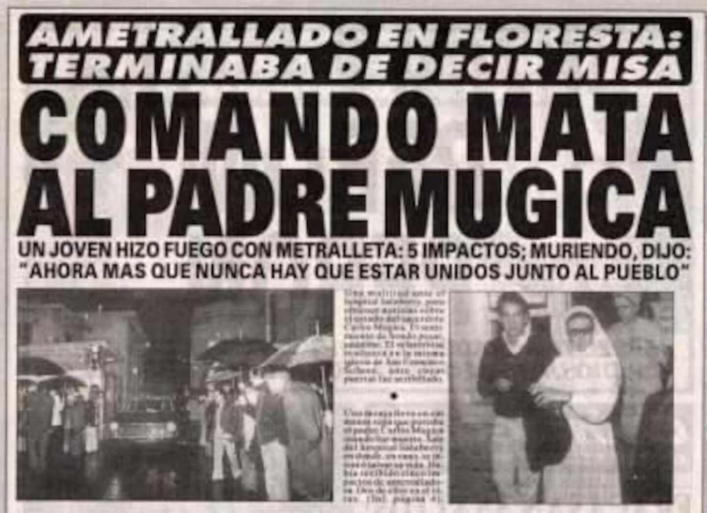 Portada de un periódico sobre la muerte del padre Mugica en Floresta, Argentina