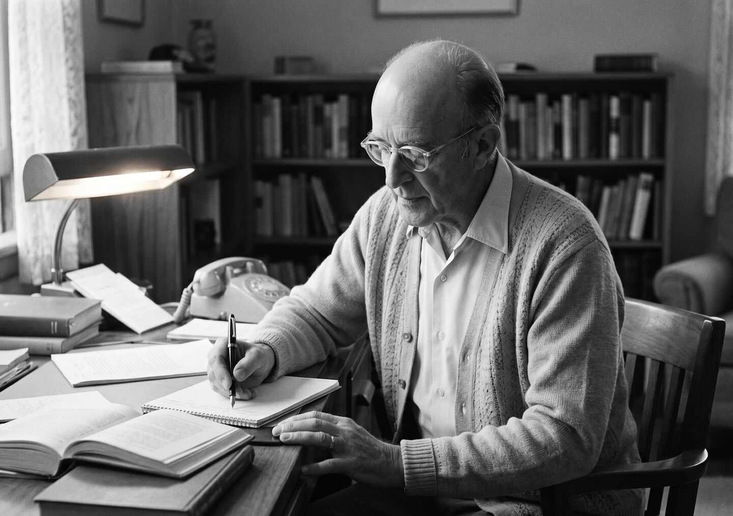 Carl Rogers escribiendo en su escritorio con libros a su alrededor