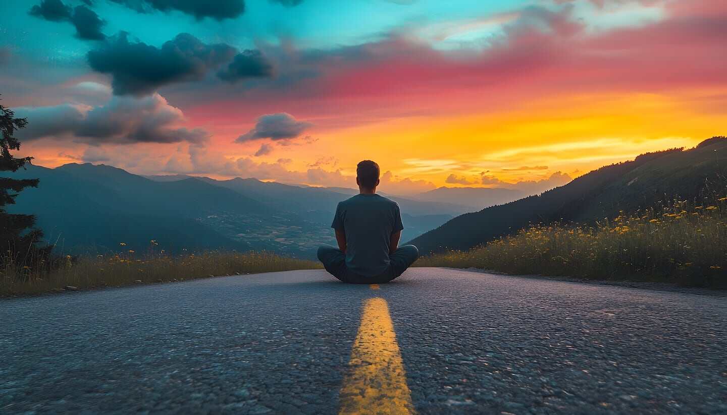 Hombre sentado en una carretera mirando un atardecer colorido