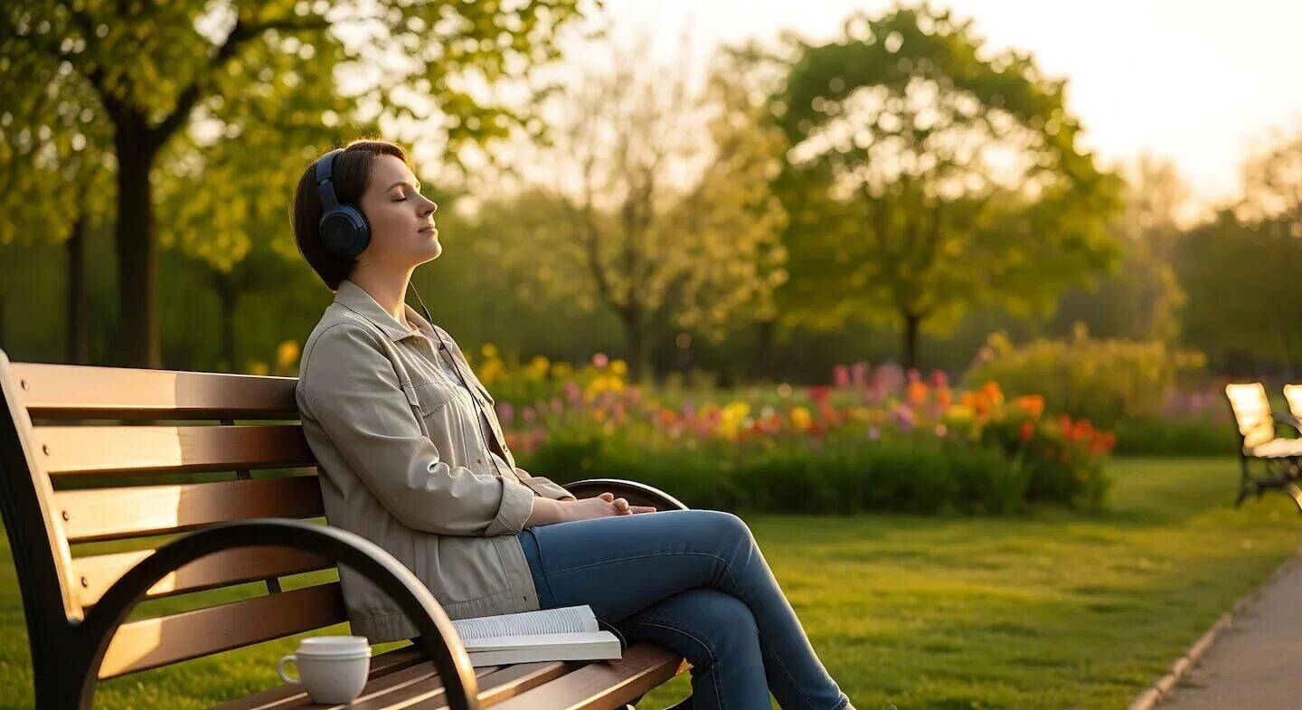 Mujer sentada en un banco del parque, disfrutando del momento con auriculares