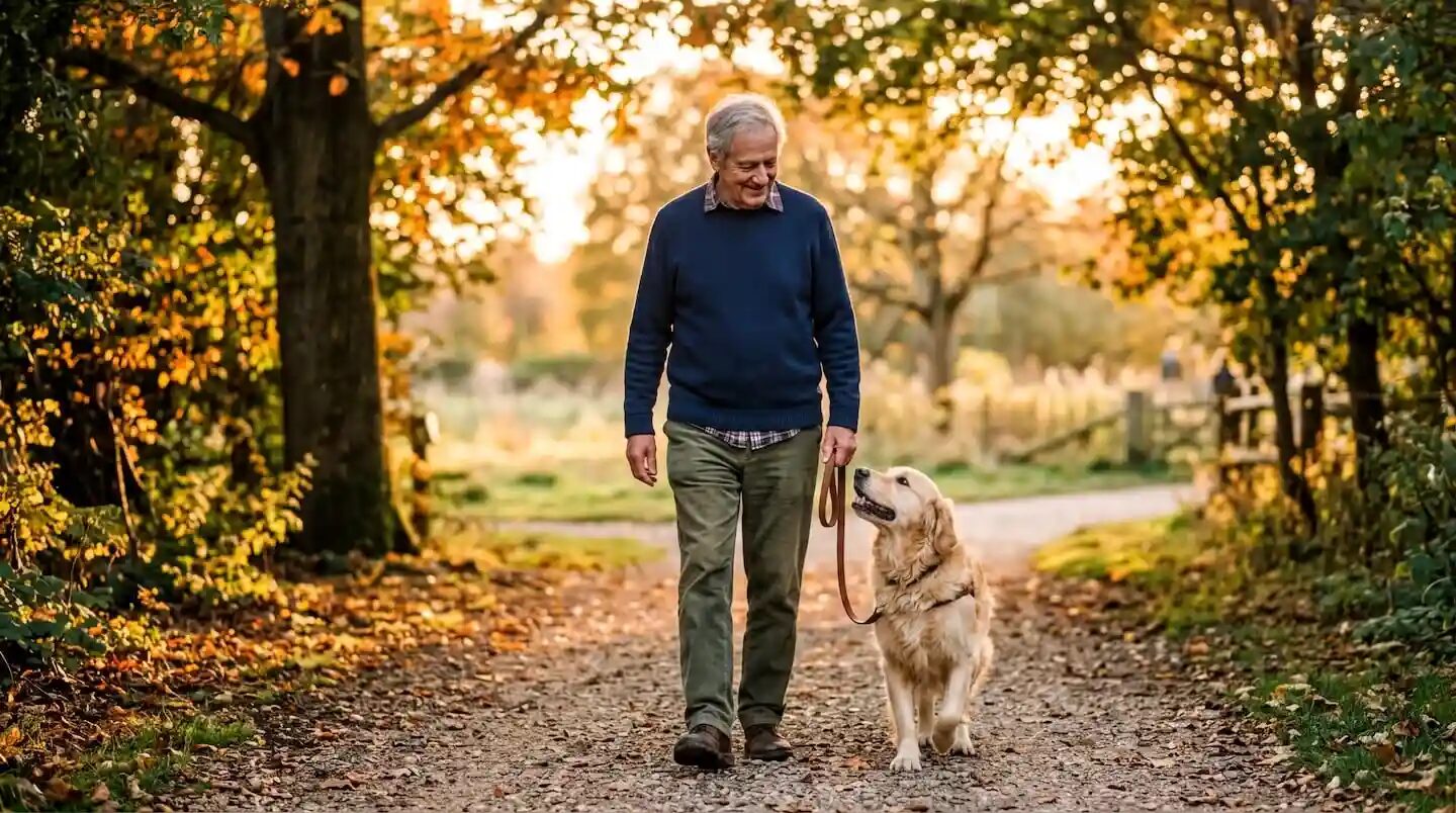 Hombre paseando con un perro en un entorno otoñal