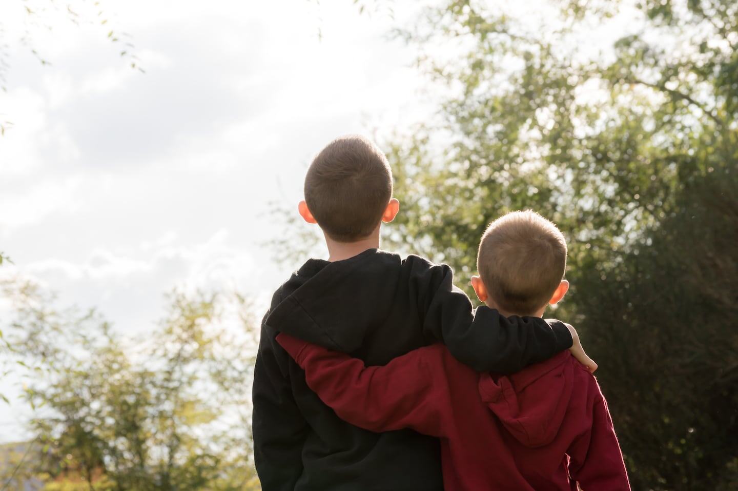 Dos niños de espaldas abrazados, observando un paisaje natural