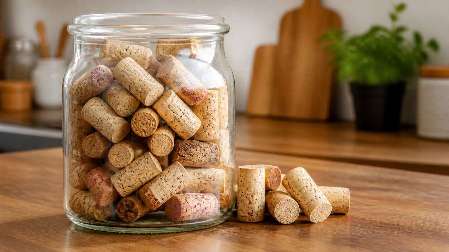 Frasco de vidrio lleno de corchos de vino sobre una mesa de madera